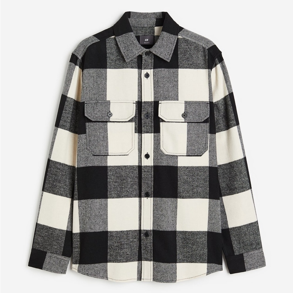 [US Yth18/Adult:M]H&M Black,Gray and White Checker Snap Button Flannel Overshirt